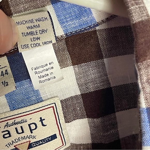 Haupt Linen Blue Brown Checked Button Up Size XL 17 1/2 Long Sleeve Mens Germany - Picture 5 of 9